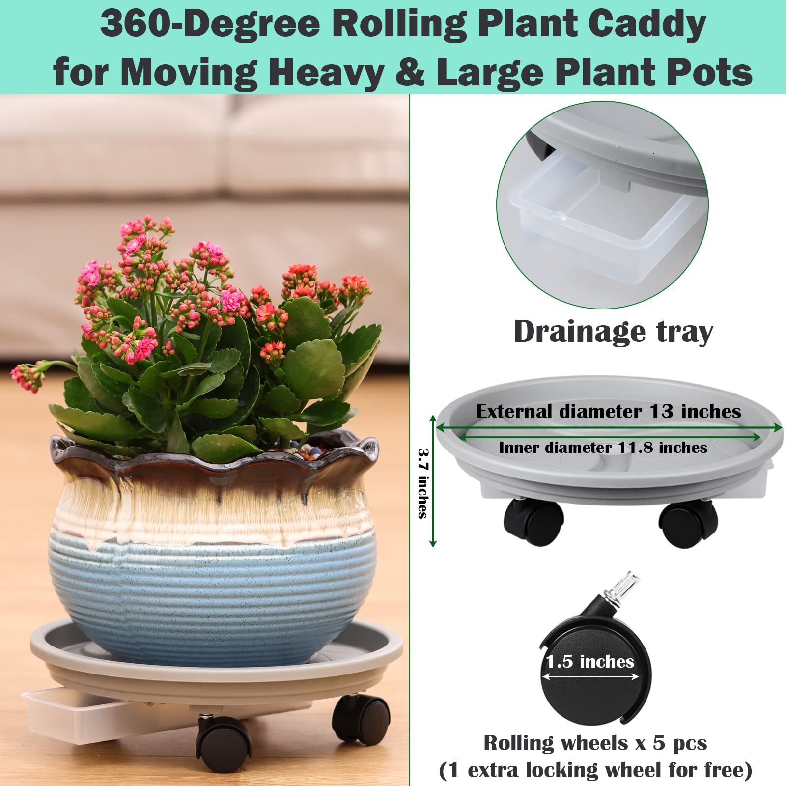 Planterhoma caster detail showing locking wheel for stable, secure positioning