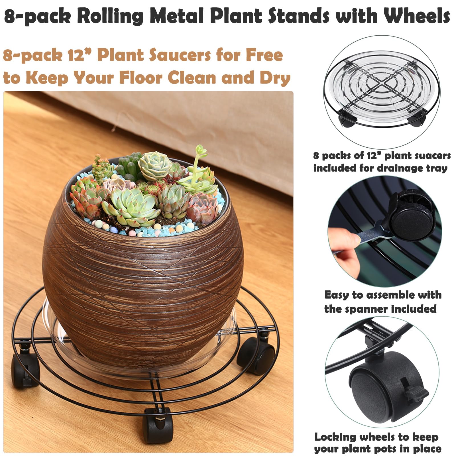 Planterhoma caster close-up showing locking wheel for stable placement and safety