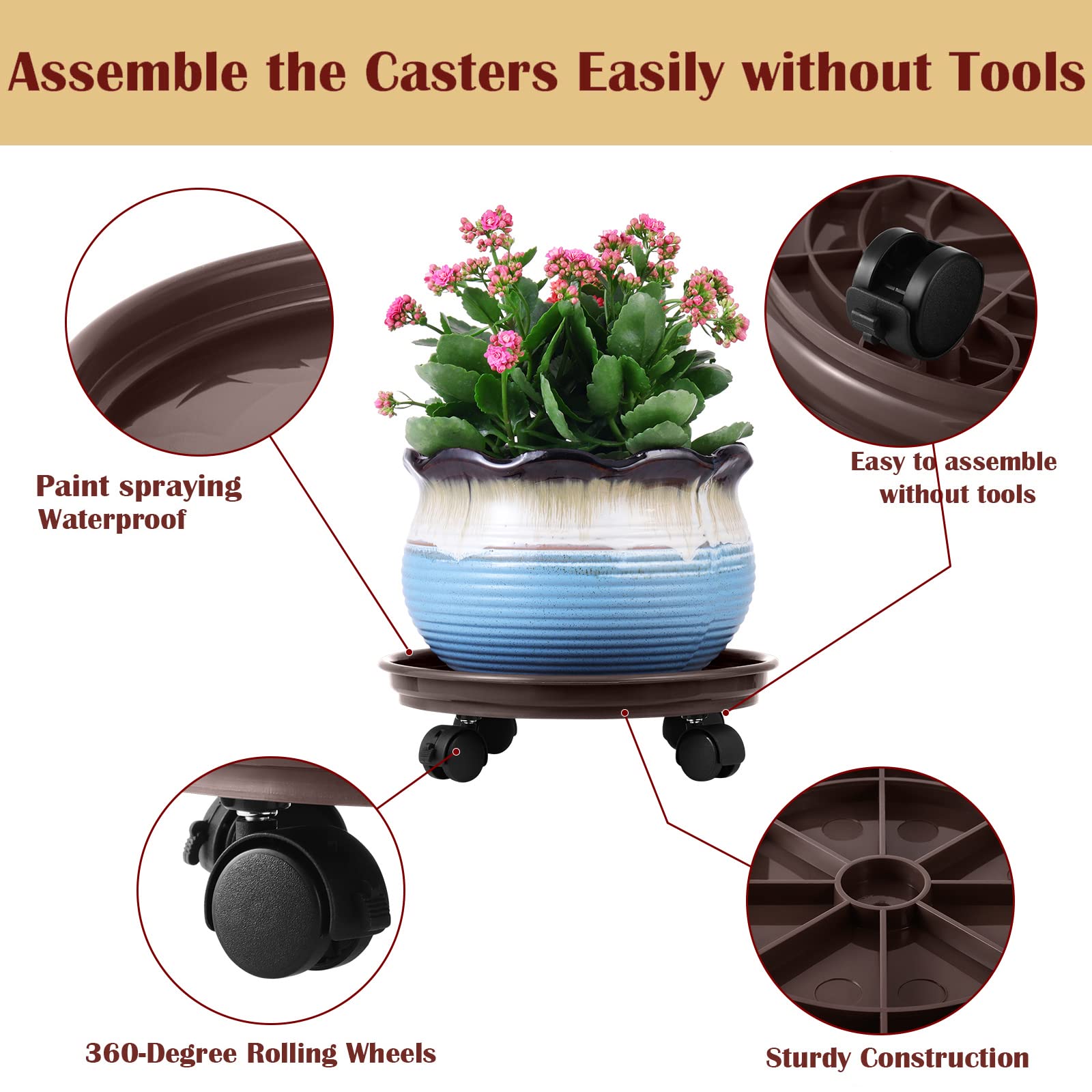 Planterhoma close-up of caster showing smooth swivel and floor-friendly roll