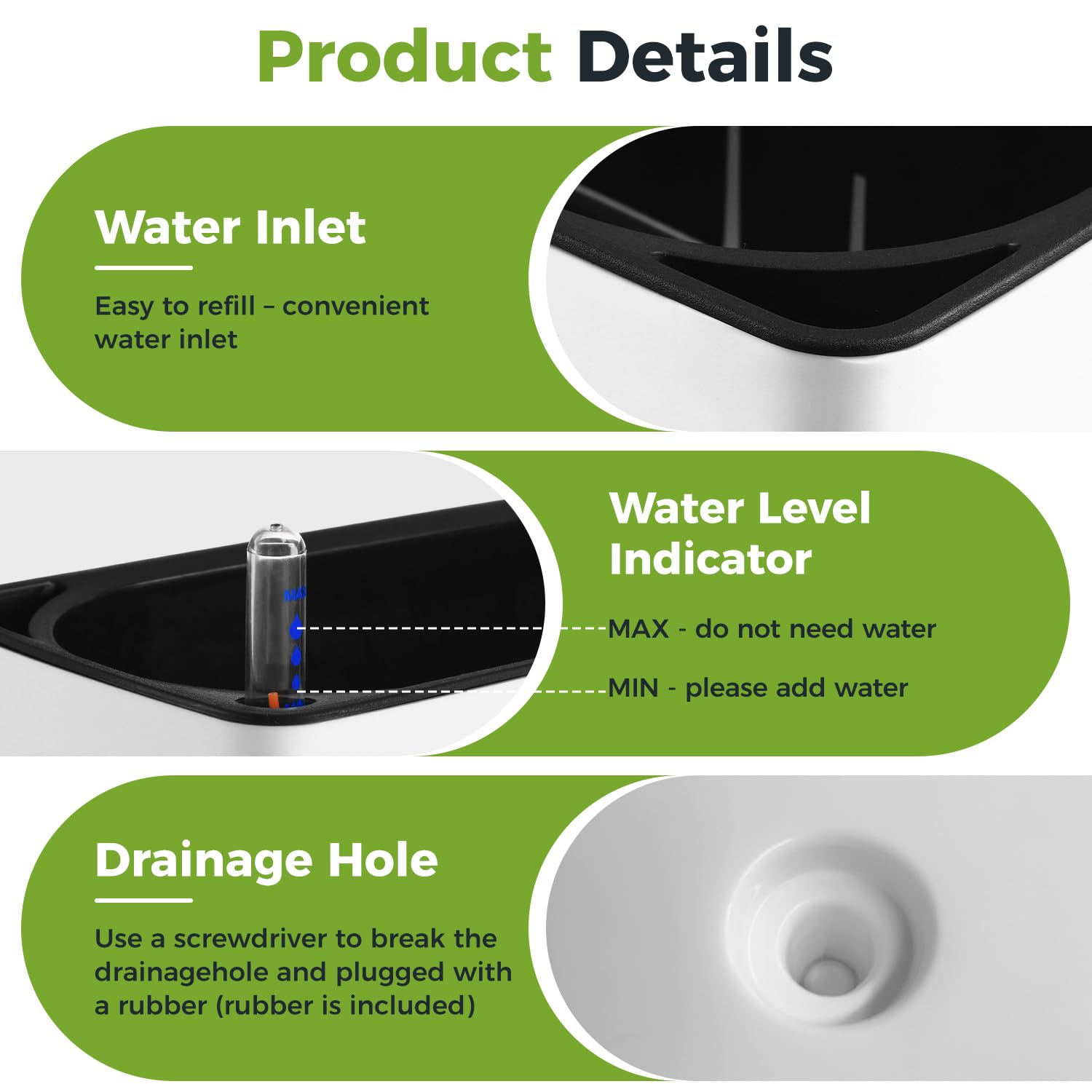 Planterhoma drainage plugin detail showing port for excess water removal and moisture control