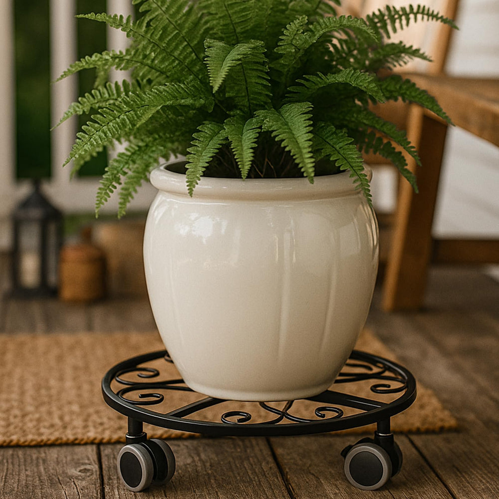 Planterhoma bottom view highlighting four swivel wheels for smooth mobility