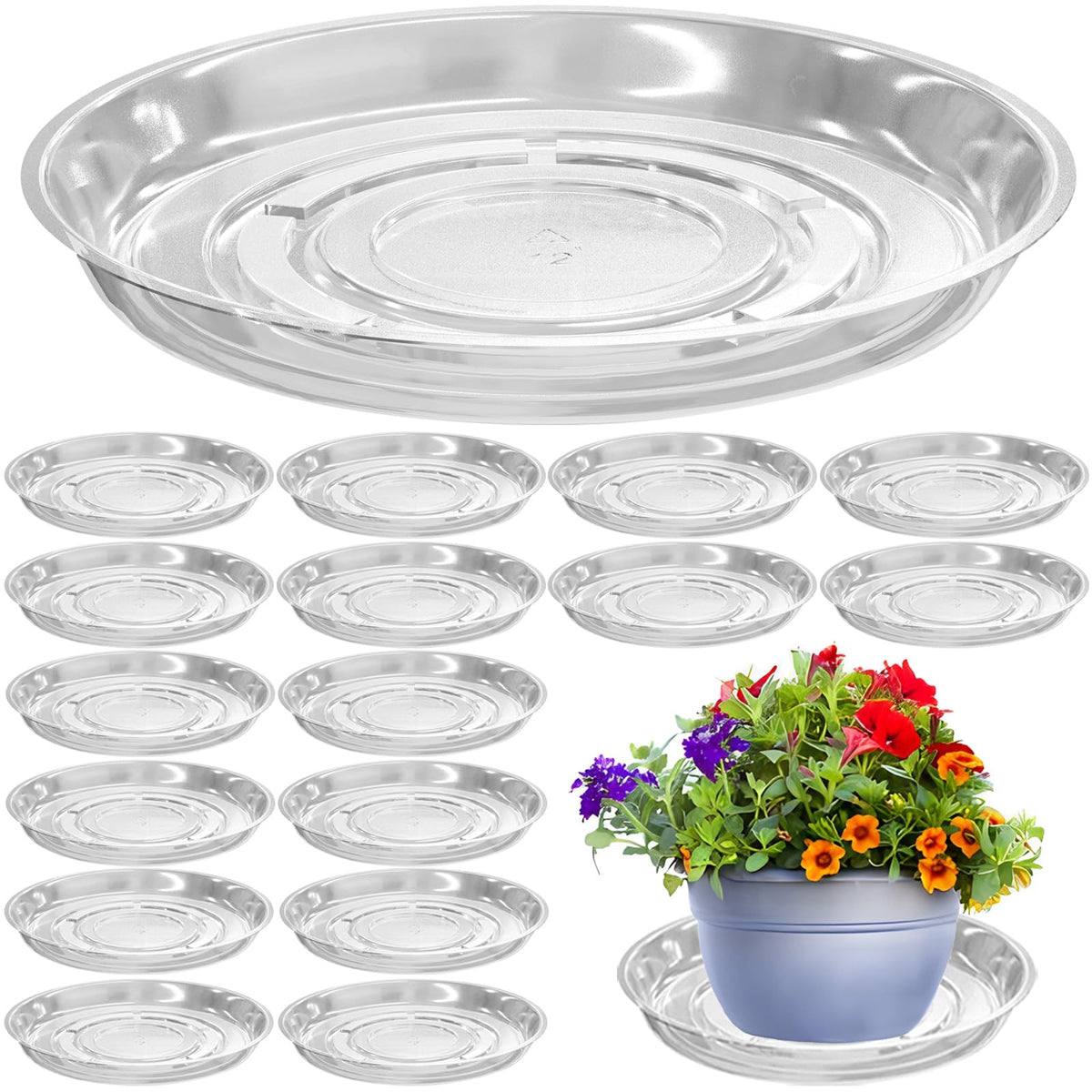 Planterhoma front packaging showing 16-piece clear saucer set protecting floors
