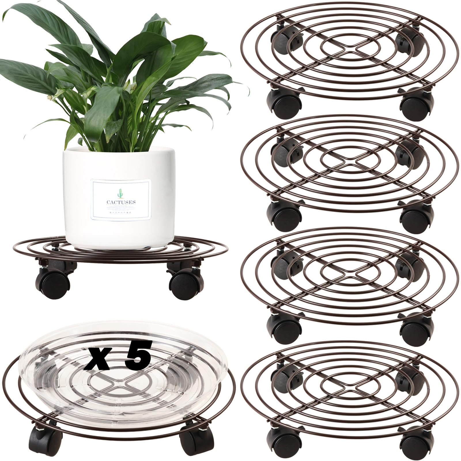 Planterhoma front pack showing five brown metal plant caddies and saucers for convenient storage
