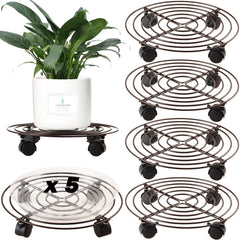 Planterhoma front pack showing five brown metal plant caddies and saucers for convenient storage