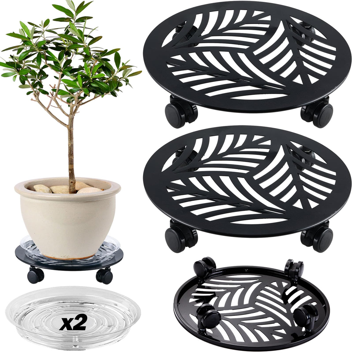 Planterhoma front view of two black metal plant caddies shows decorative appeal and stability