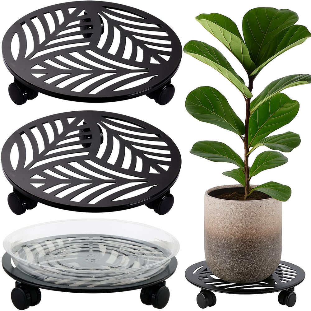 Planterhoma front view of two leaf-style metal plant caddies showing decorative finish and size benefits