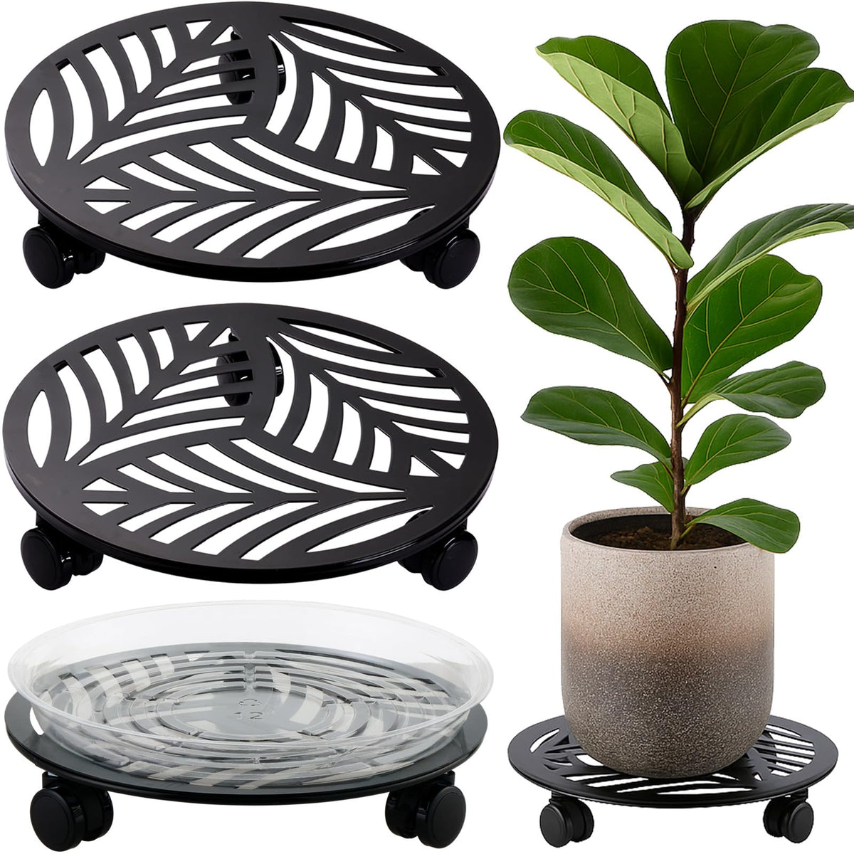 Planterhoma front view of two leaf-style metal plant caddies showing decorative finish and size benefits