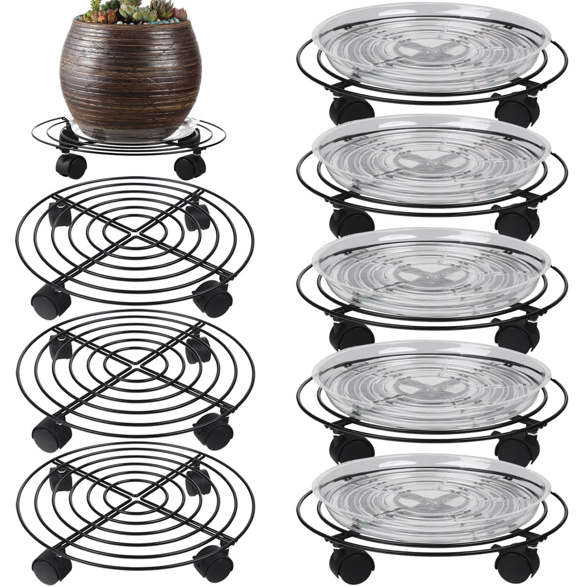 Planterhoma front packaging showing eight metal plant caddies and saucers, simplifies moving pots