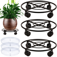 Planterhoma three-pack front view showing black metal caddies and saucers for storage benefit