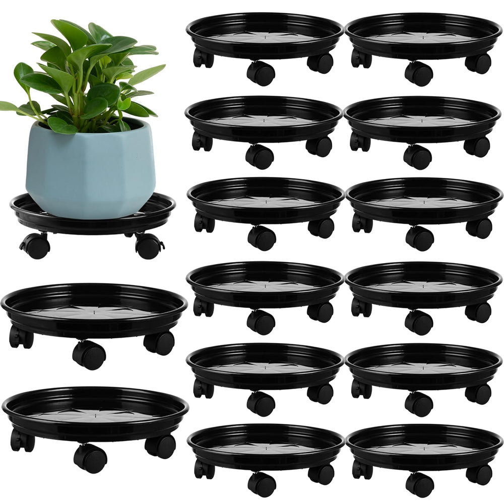 Planterhoma front view showing six black rolling plant caddies, easy mobility