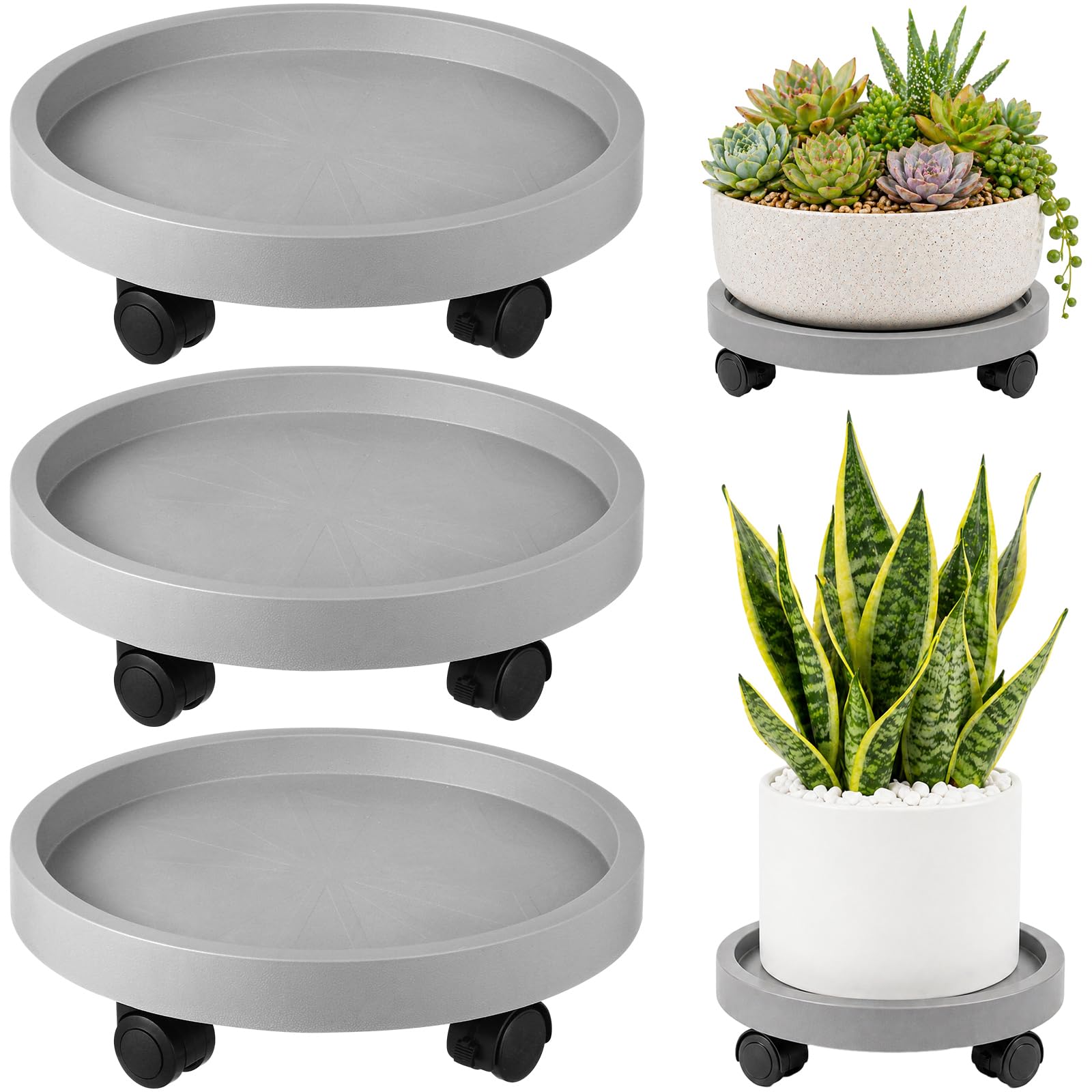 Planterhoma front packaging showing three grey 13 inch plant caddies, easy mobility