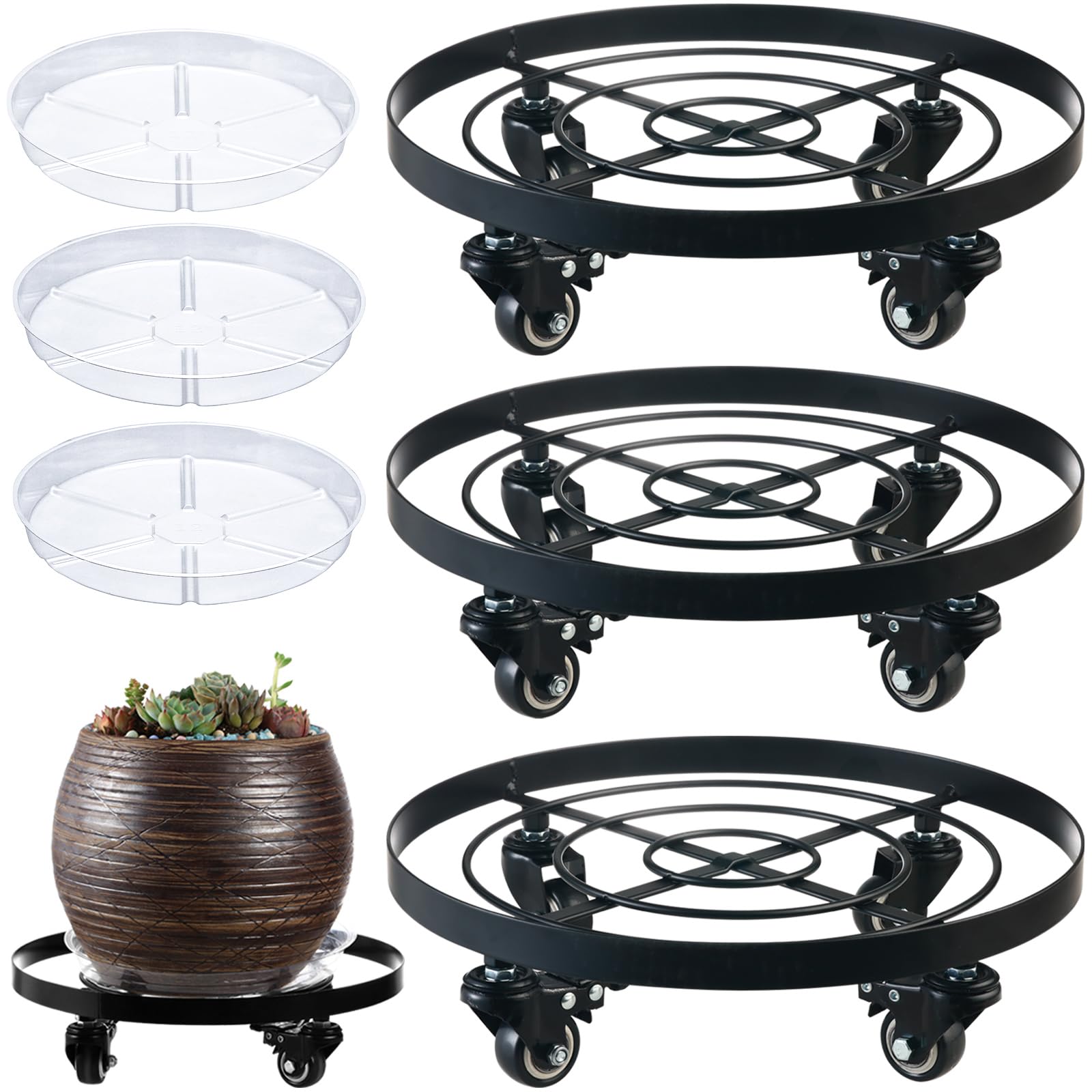 Planterhoma front view showing three wheeled metal plant caddies protecting floors
