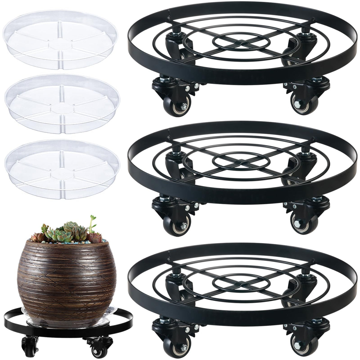 Planterhoma front view showing three wheeled metal plant caddies protecting floors