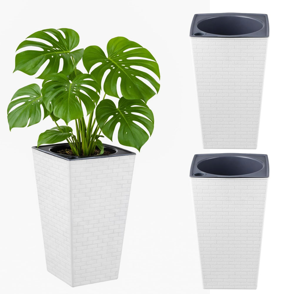 Planterhoma front view of two white self-watering pots showing clean design and benefit