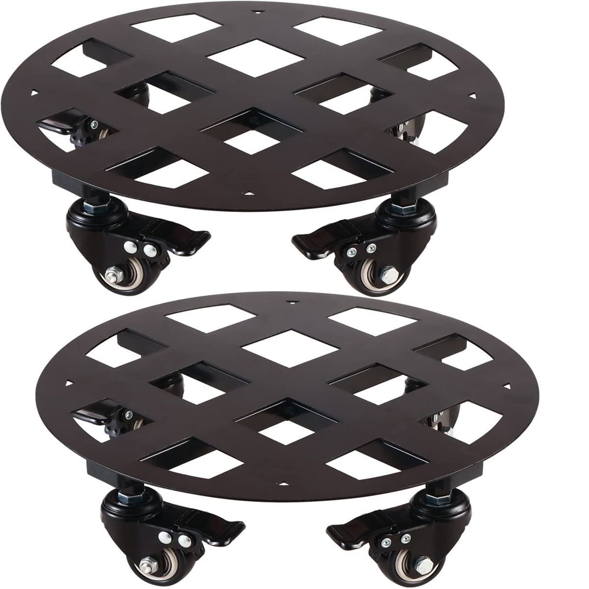 Planterhoma front view of 13-inch metal plant caddy showing sturdy support