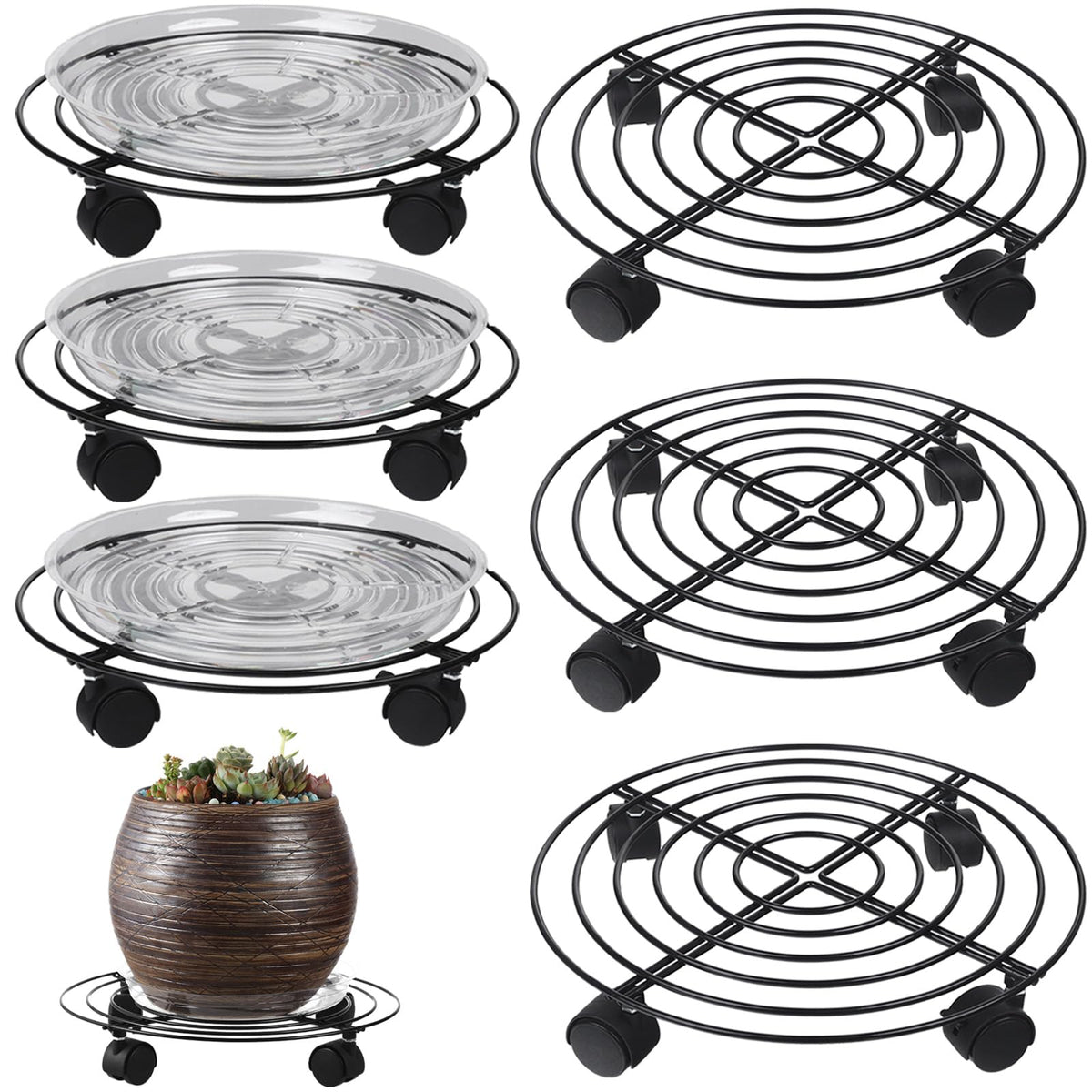 Planterhoma front view of six metal plant caddies showing portability benefit
