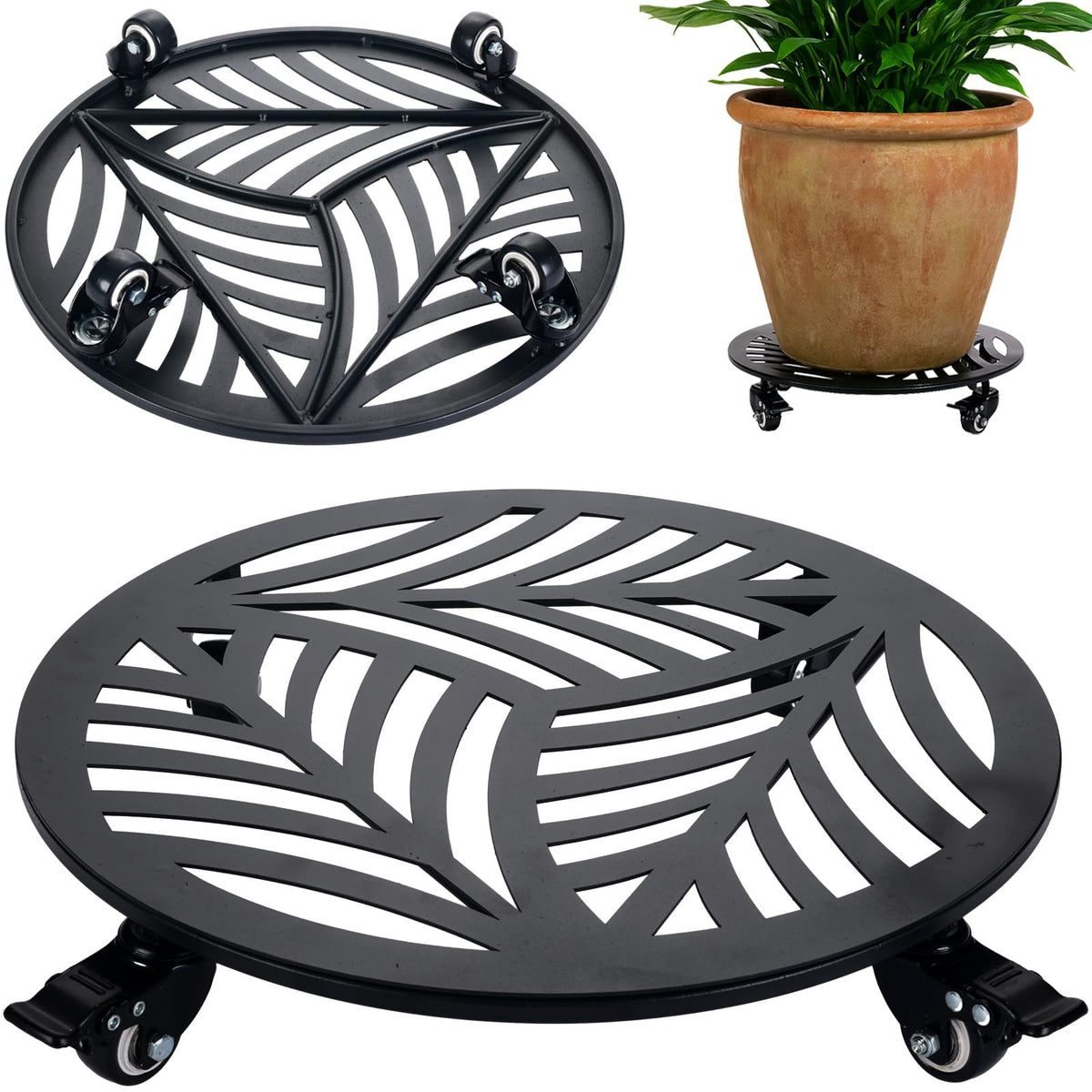 Planterhoma front view of black metal caddy showing decorative appeal and stability