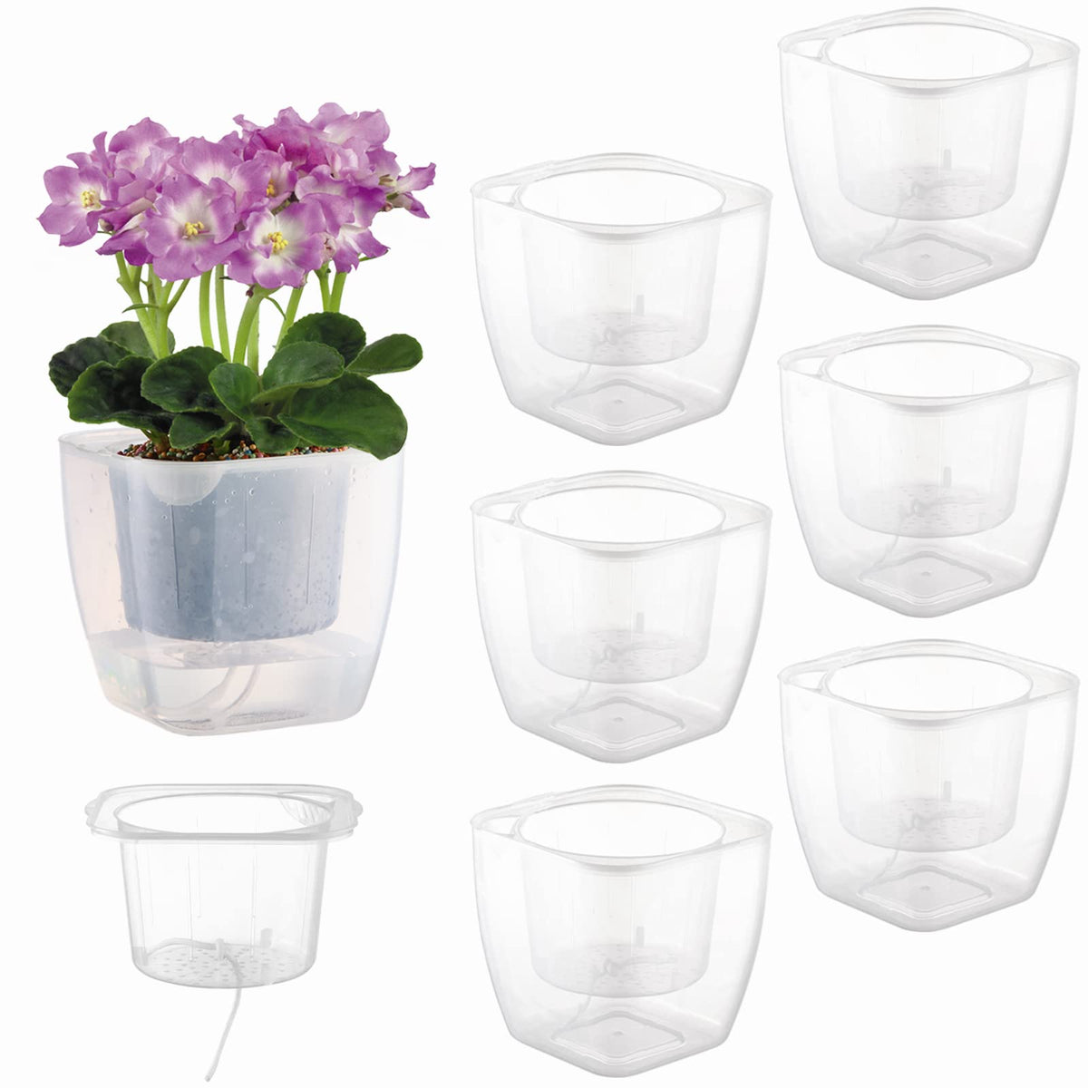 Planterhoma front view of six clear 7-inch self-watering pots showing value pack