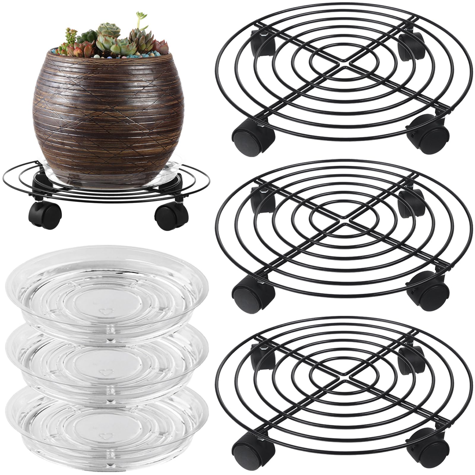 Planterhoma front view metal plant caddy showing sturdy ring and wheels for easy movement