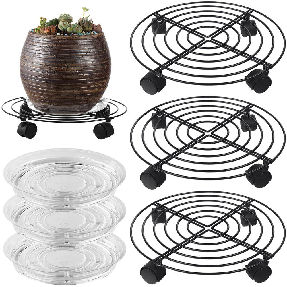 Planterhoma front view metal plant caddy showing sturdy ring and wheels for easy movement