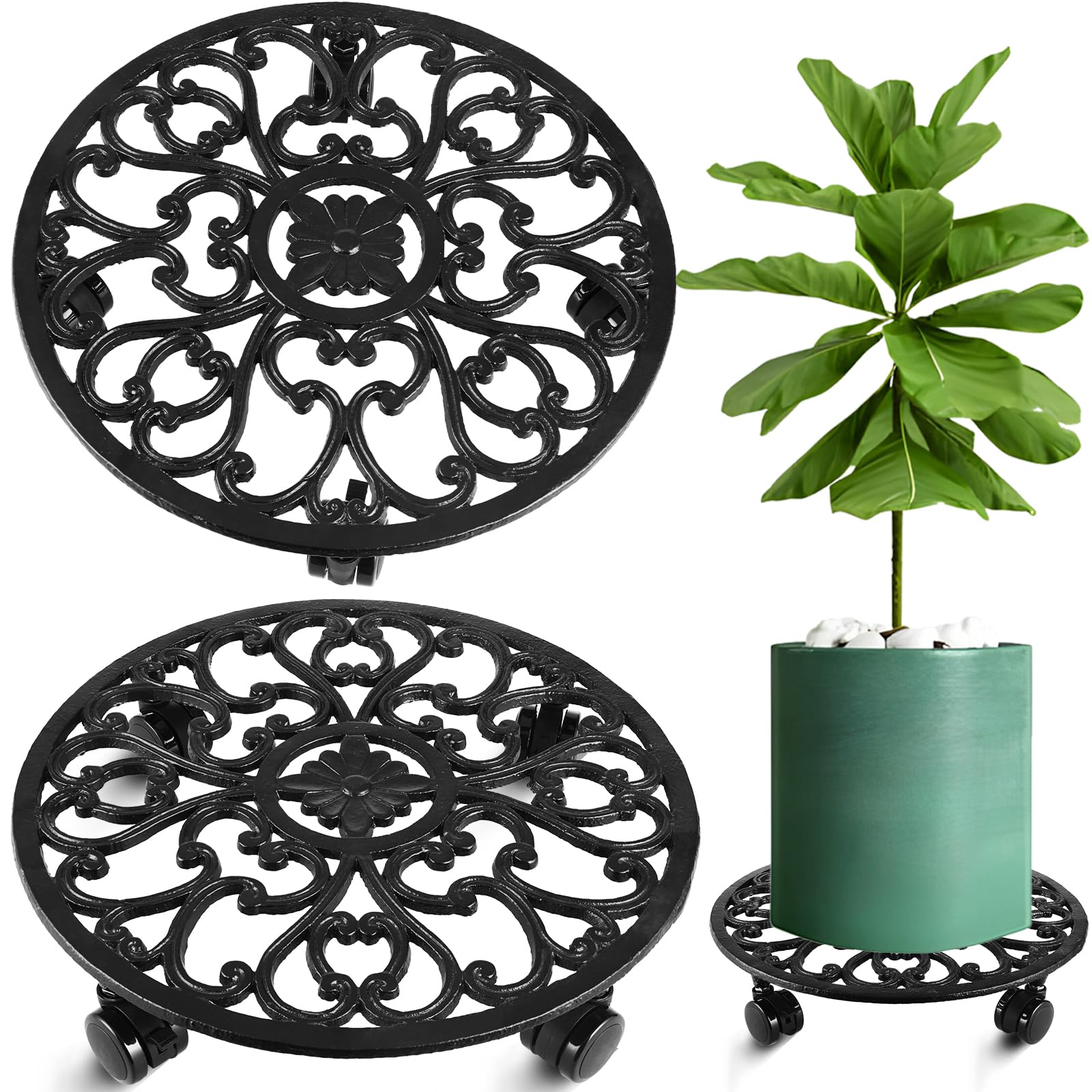 Planterhoma front view of metal plant stand showing sturdy ring and wheels, durable support