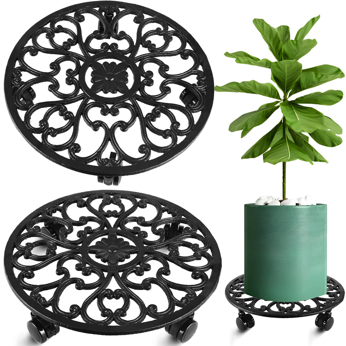 Planterhoma front view of metal plant stand showing sturdy ring and wheels, durable support