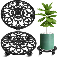 Planterhoma front view of metal plant stand showing sturdy ring and wheels, durable support