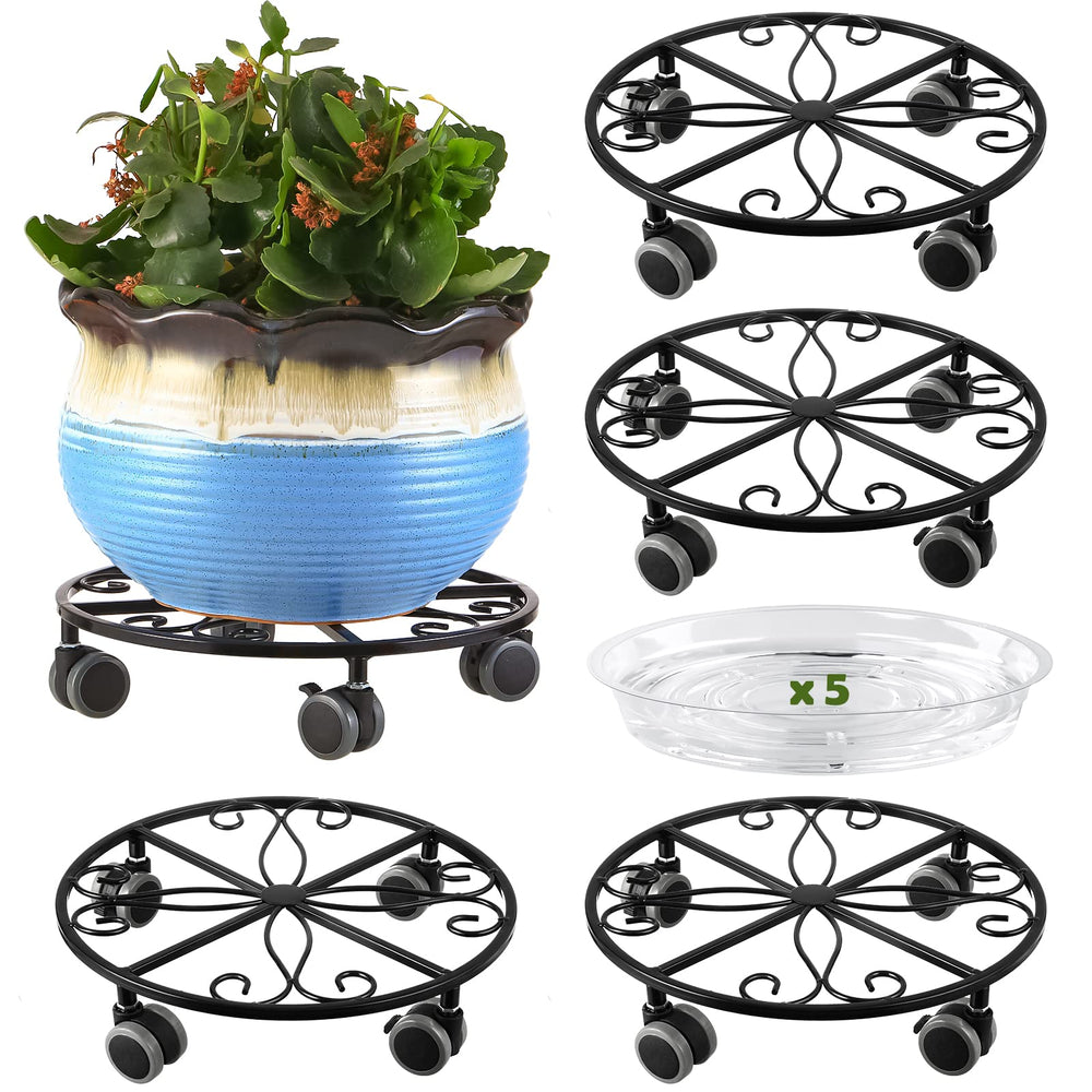Planterhoma front view showing five black metal rolling plant caddies protecting floors