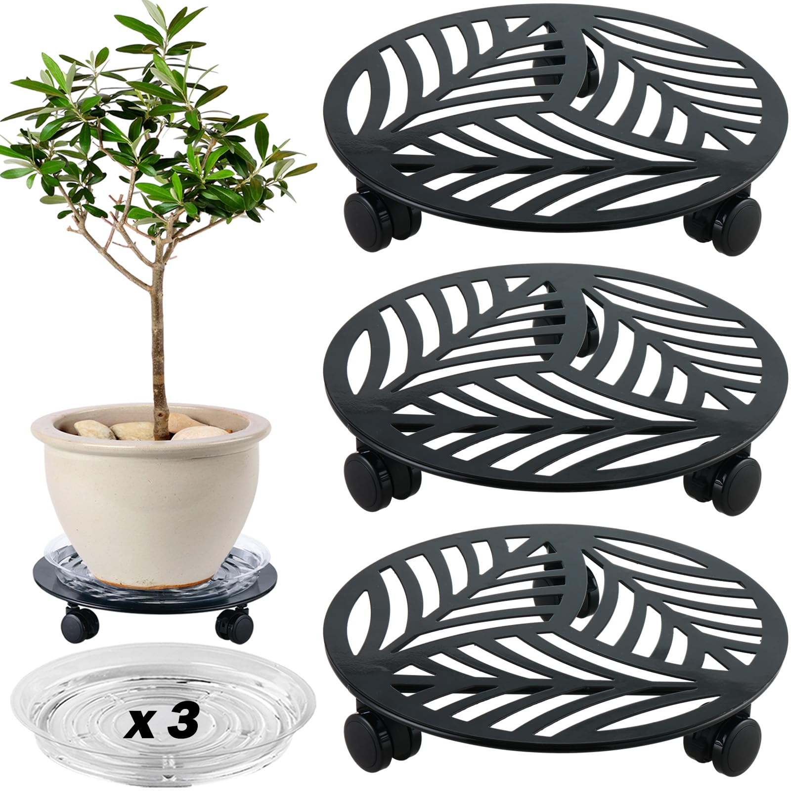 Planterhoma front view of three metal plant caddies showing stability and style