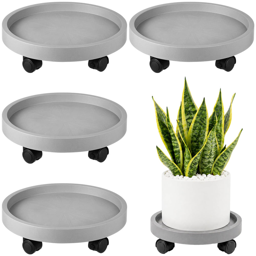 Planterhoma front view of four grey plant caddies showing compact pack and mobility benefit