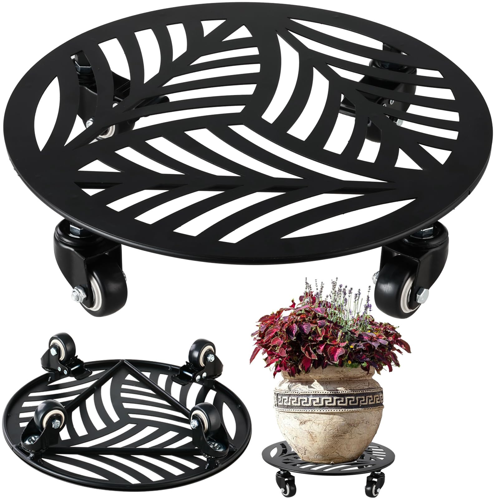 Planterhoma front view of metal plant caddy showing shaped ring and leaf pattern, adds stylish stability