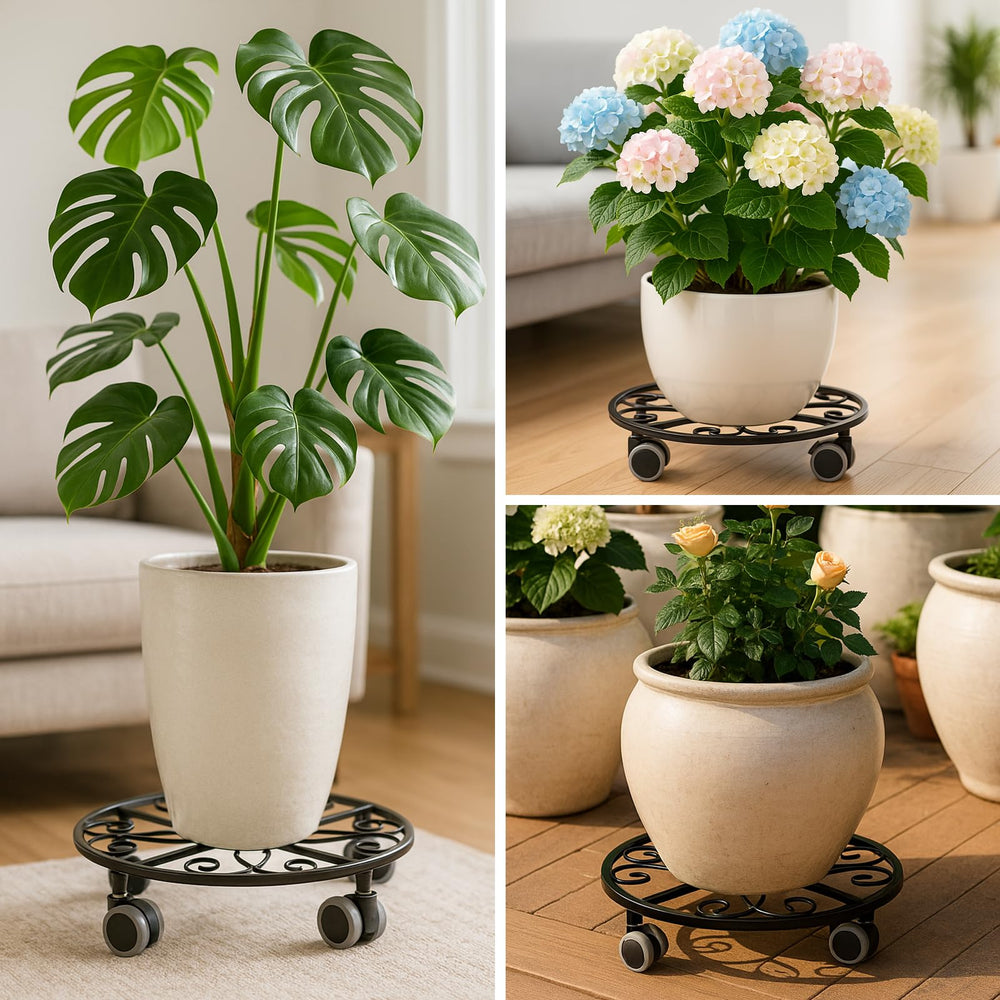Planterhoma in-use on a patio moving a heavy planter for effortless rearranging
