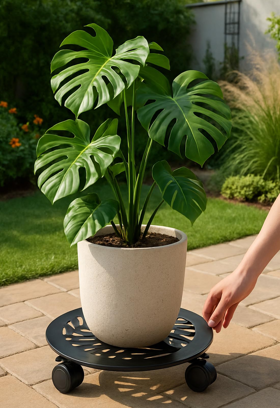 Planterhoma locked wheel engaged to keep a plant stable during watering