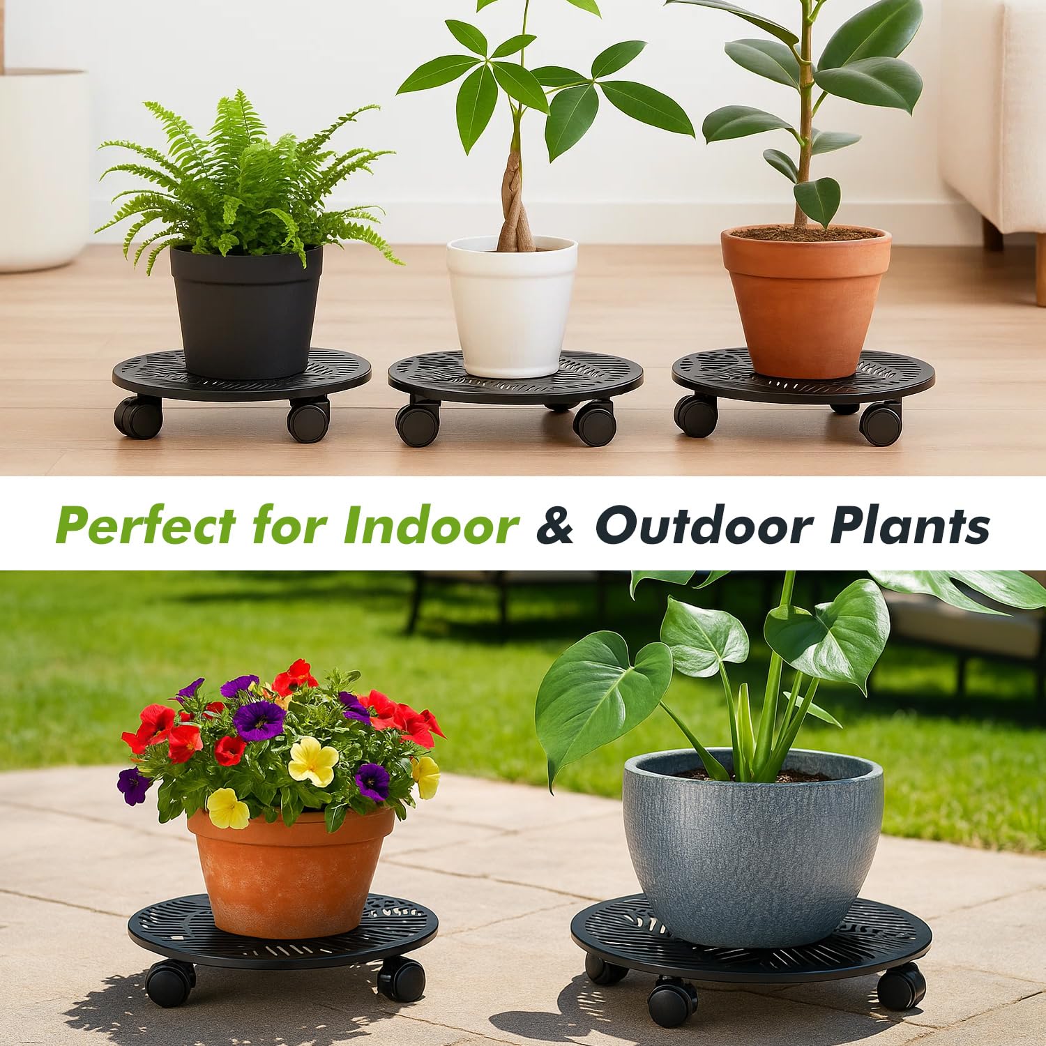 Planterhoma caddy under pot on patio showing outdoor durability and stability