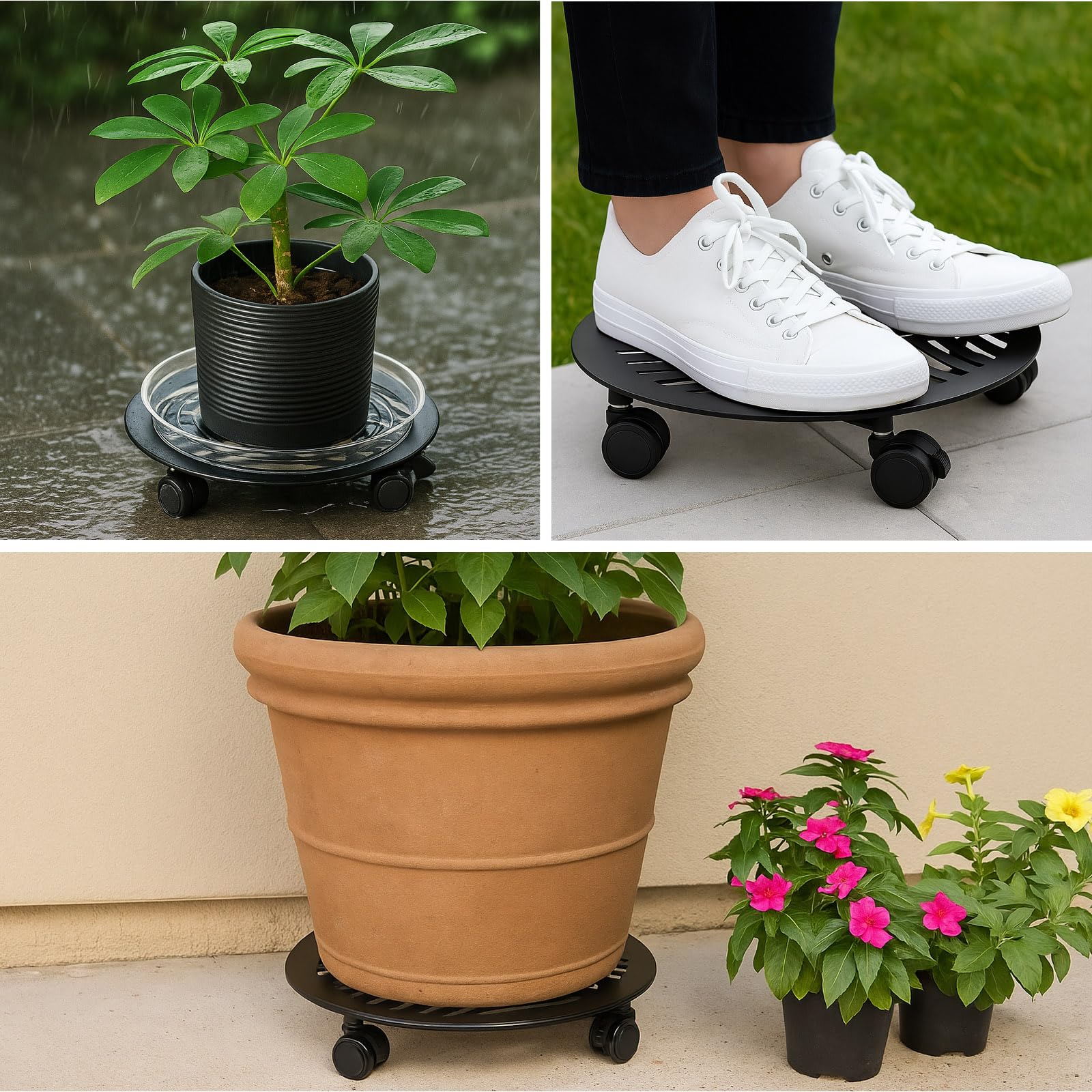 Planterhoma reinforced support bars under caddy holding heavy pots securely