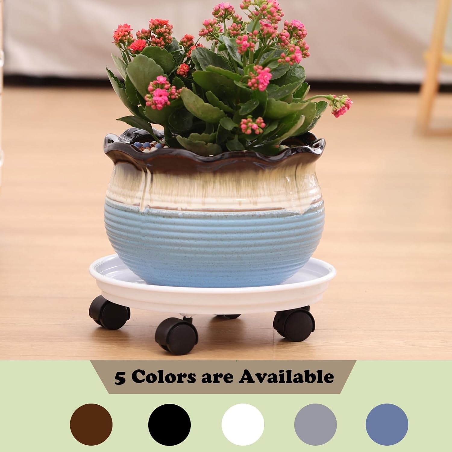 Planterhoma rolling on hardwood floor demonstrating floor-safe movement benefit