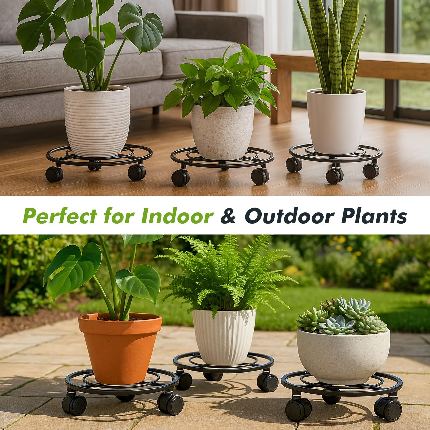 Planterhoma caddy beside a foot for scale showing 13.5 inch diameter practical fit
