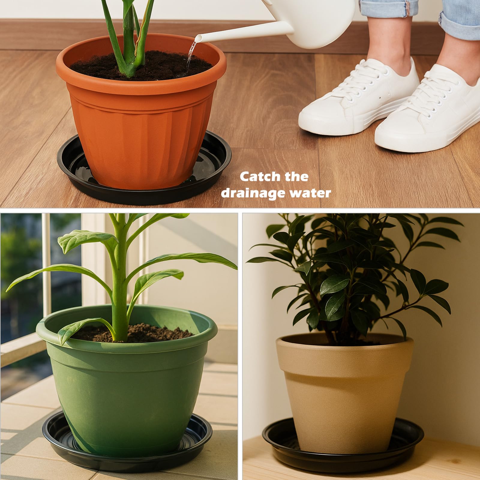 Planterhoma tray under large terracotta pot protecting patio surface