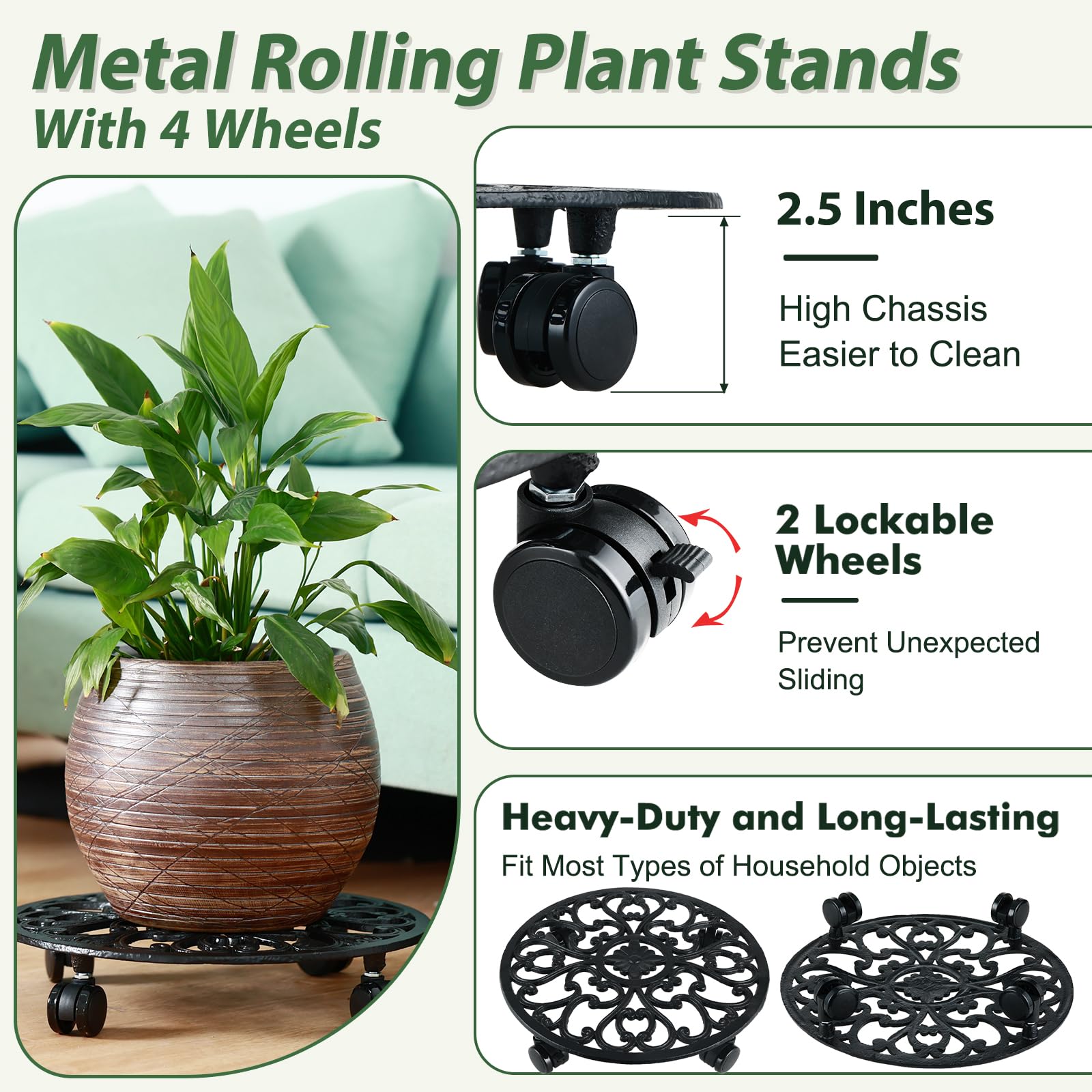 Planterhoma zoom on locking caster showing secure hold and stability advantage
