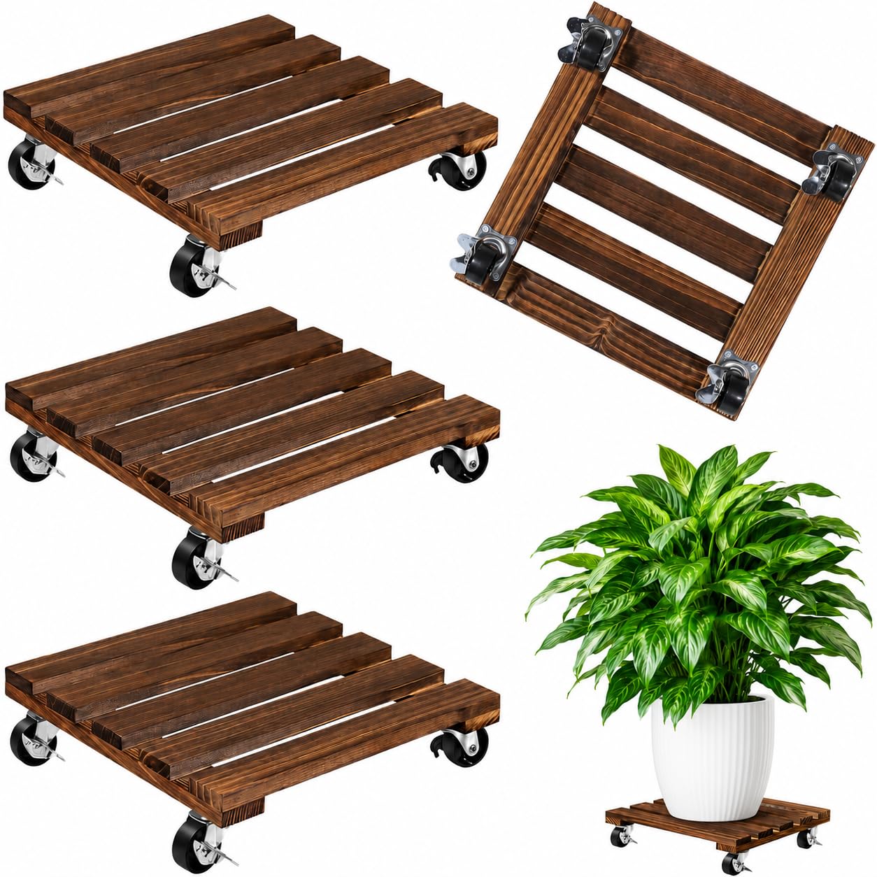 plantoky front view wooden plant stand showing sturdy base and wheels providing stable mobility
