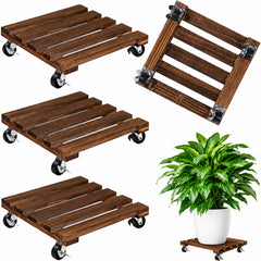 plantoky front view wooden plant stand showing sturdy base and wheels providing stable mobility