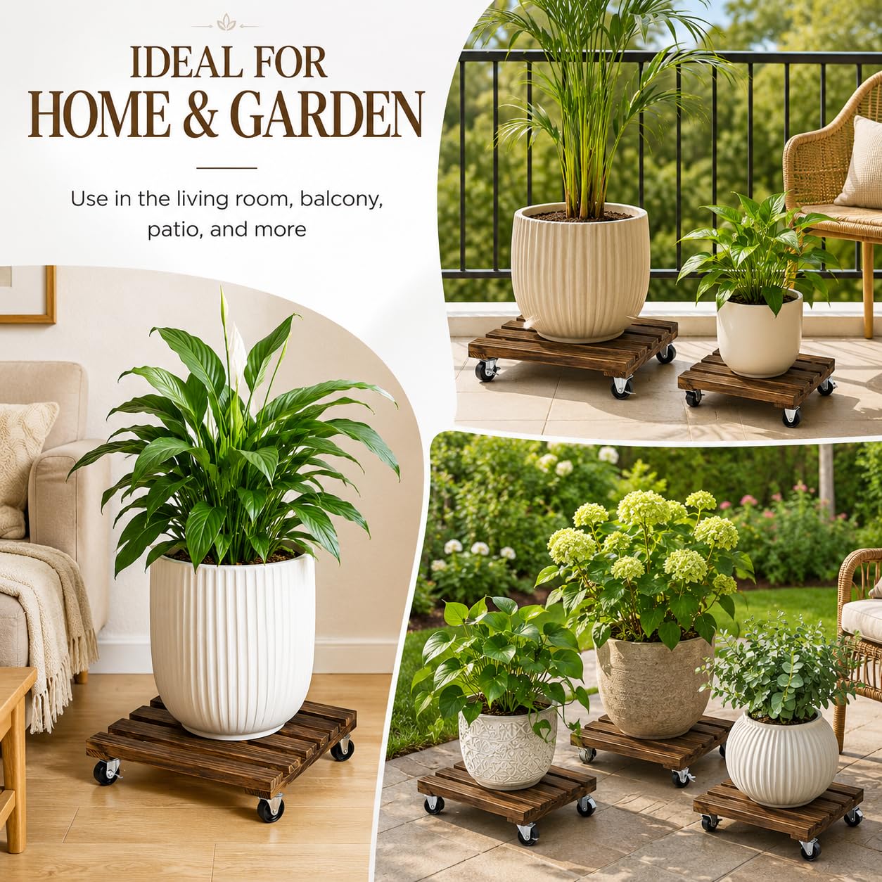plantoky set of four arranged on patio illustrating multiple caddies for grouped planters