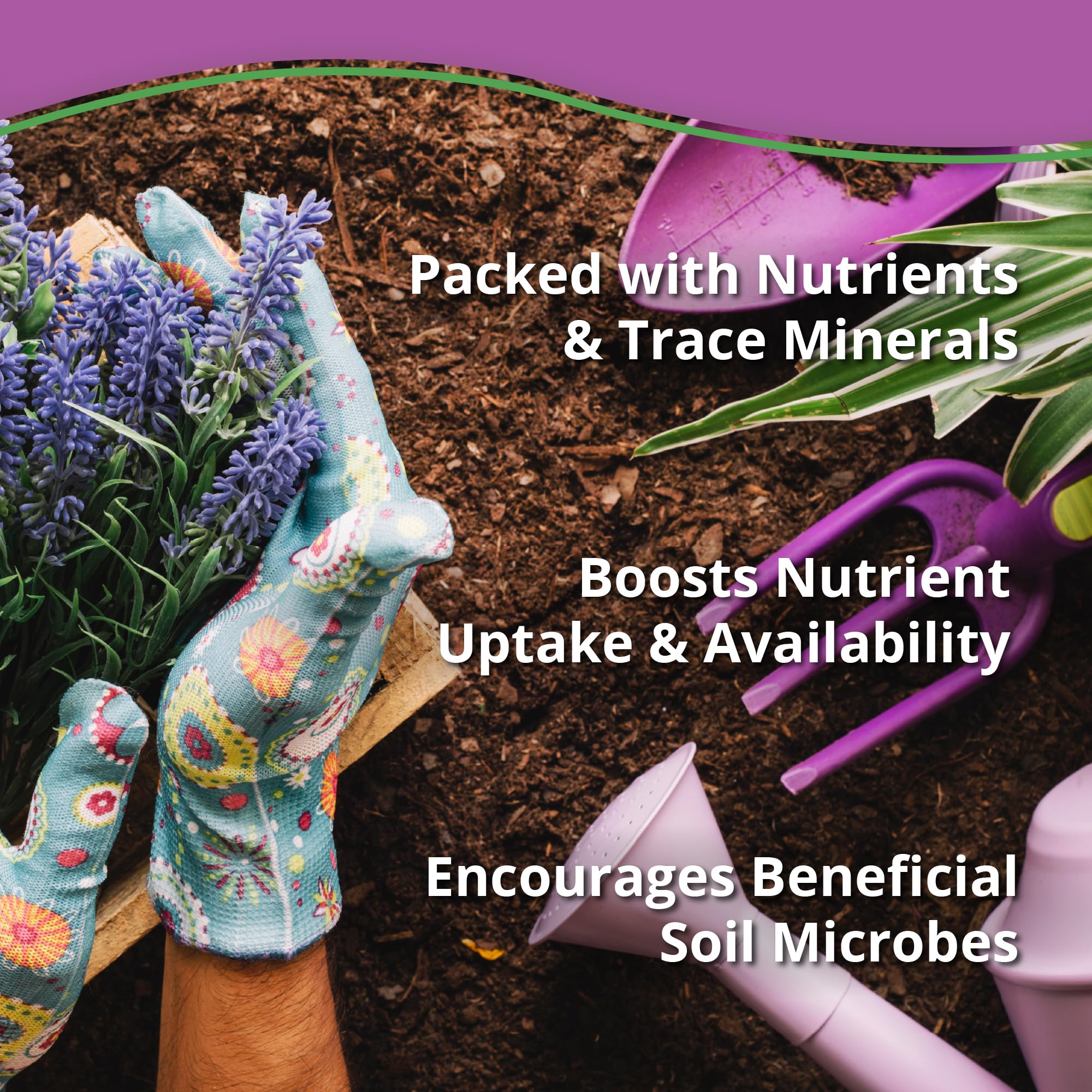 plantonix 5lb bag beside garden trowel showing scale and convenient refill size