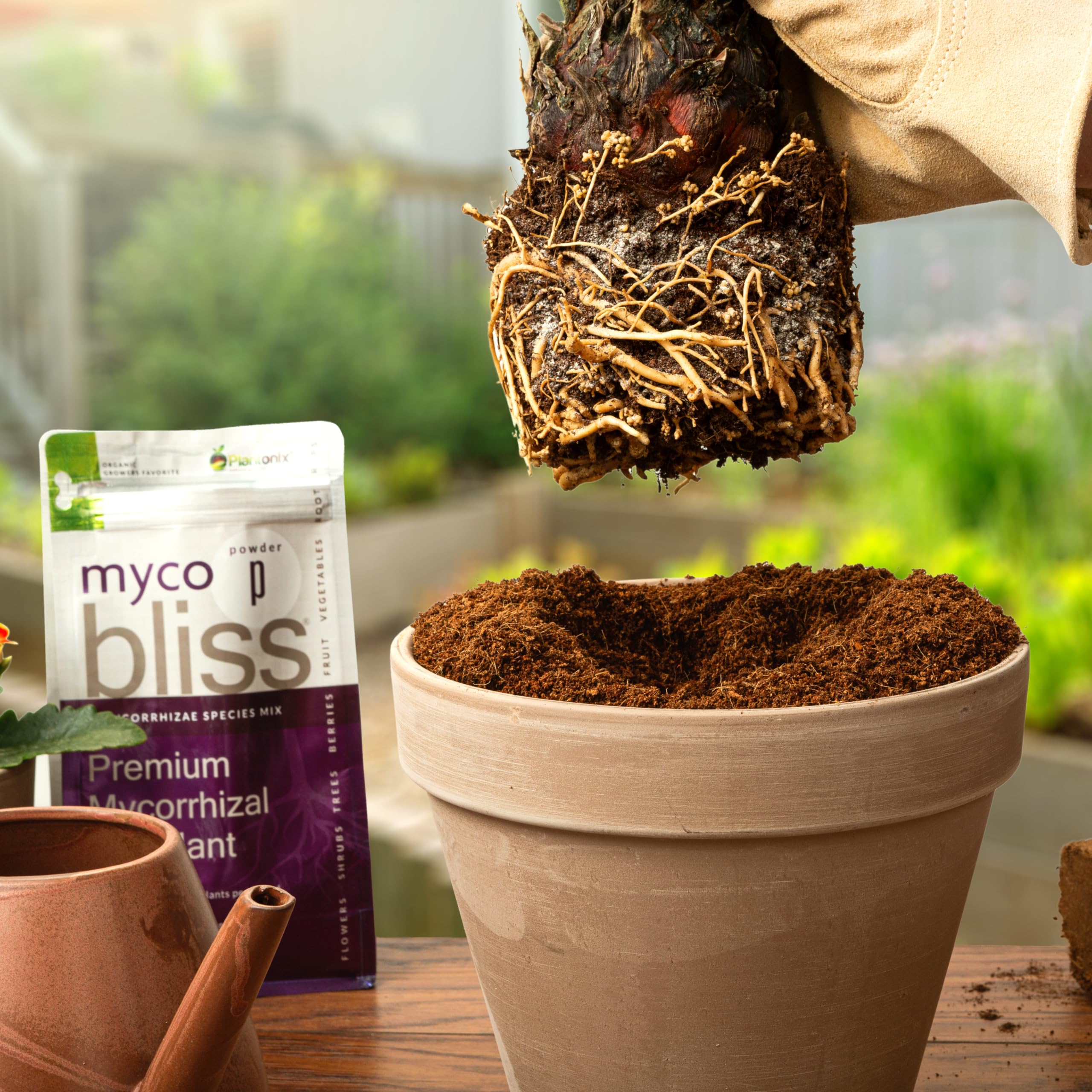 plantonix granules applied to a container with healthy potted plants showing easier nutrient uptake