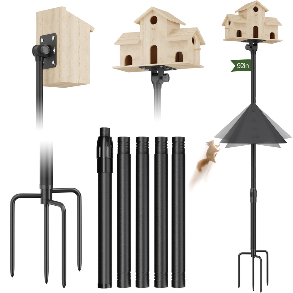 PLAPRO front view pole and baffle showing stable setup and squirrel protection