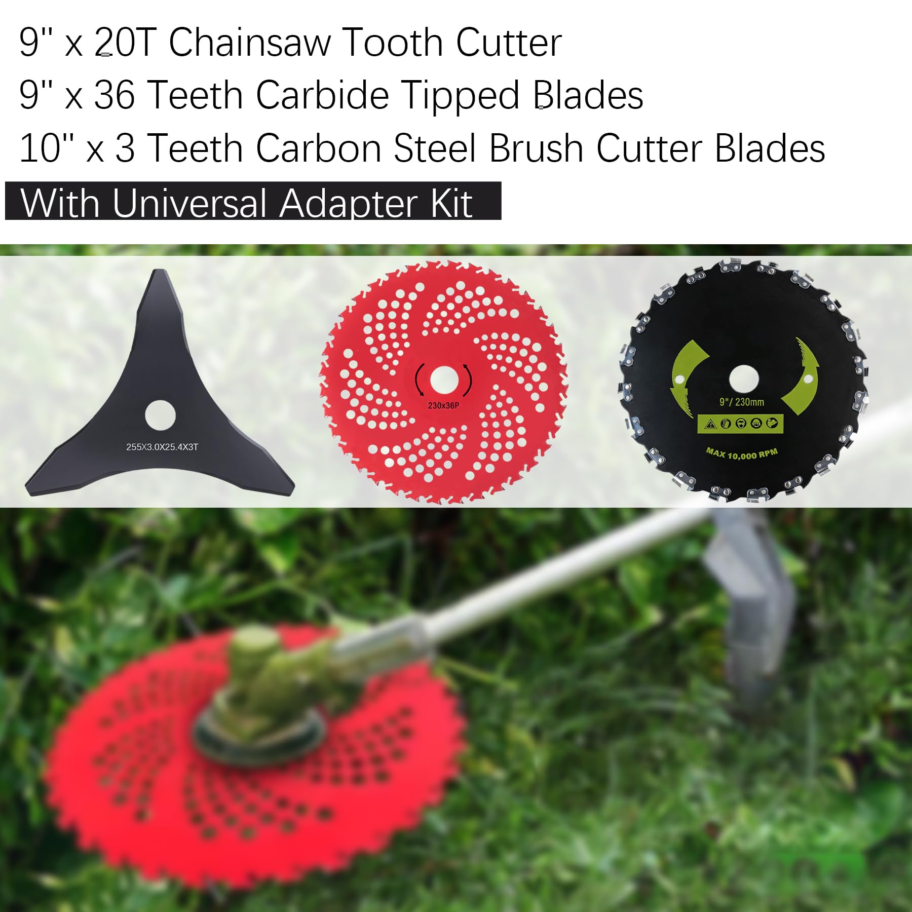 PLAXNS 10-inch 3-tooth carbon steel blade showing fast grass clearing