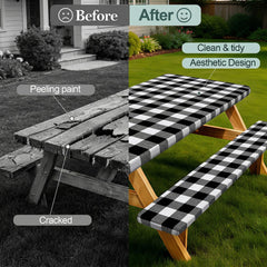 Play Tailor close-up of bench cover fit demonstrating snug elastic hold for wind resistance
