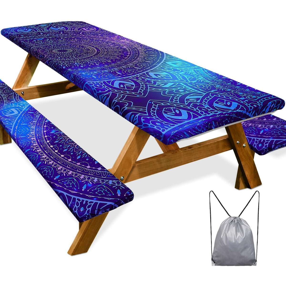 Play Tailor front view showing the full fitted table and two bench covers protecting surfaces