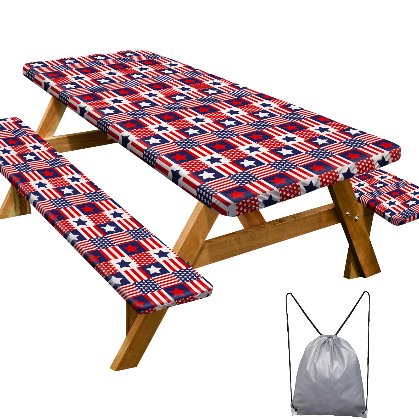 Play Tailor front view of checkered table and bench covers, protects surfaces