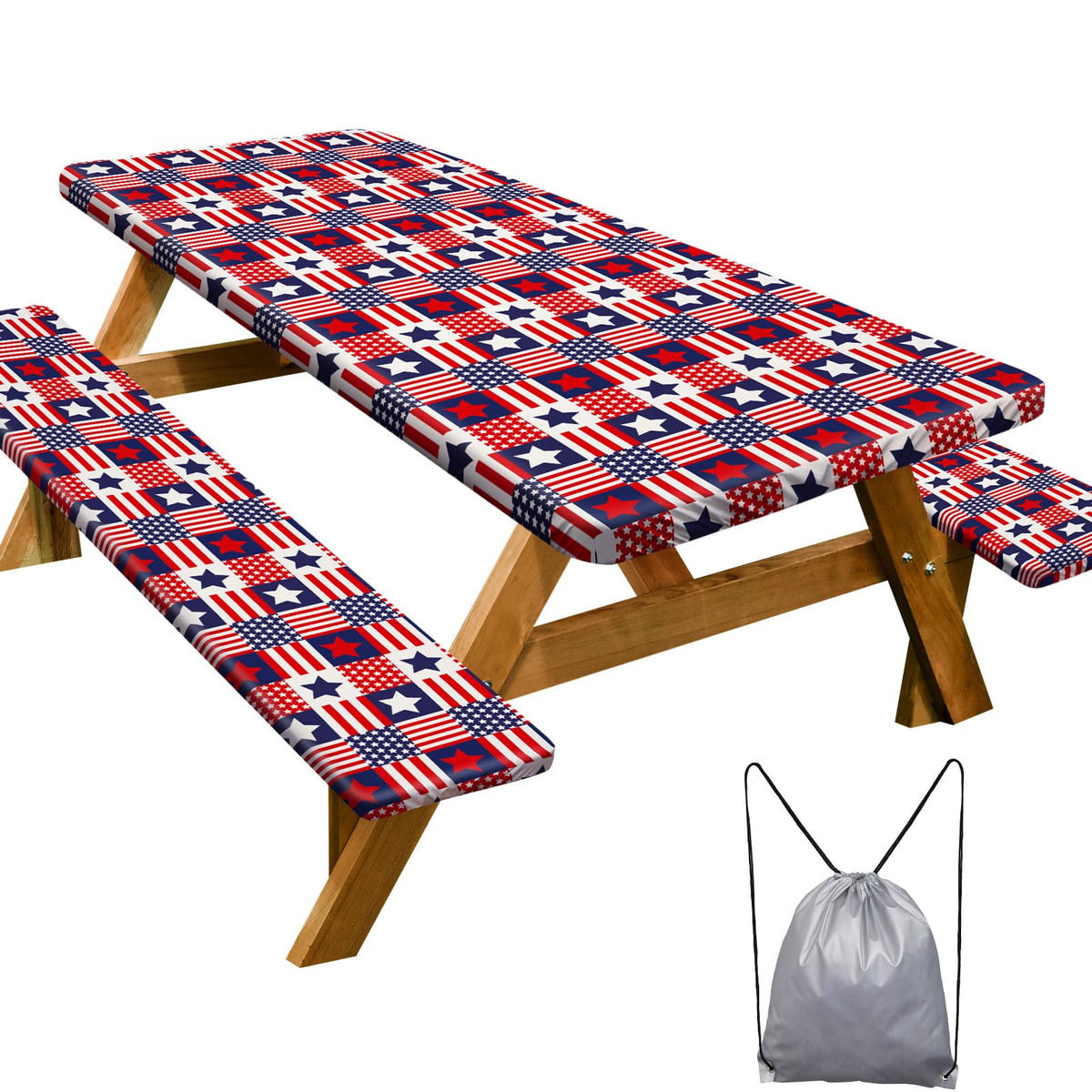Play Tailor front view of checkered table and bench covers, protects surfaces